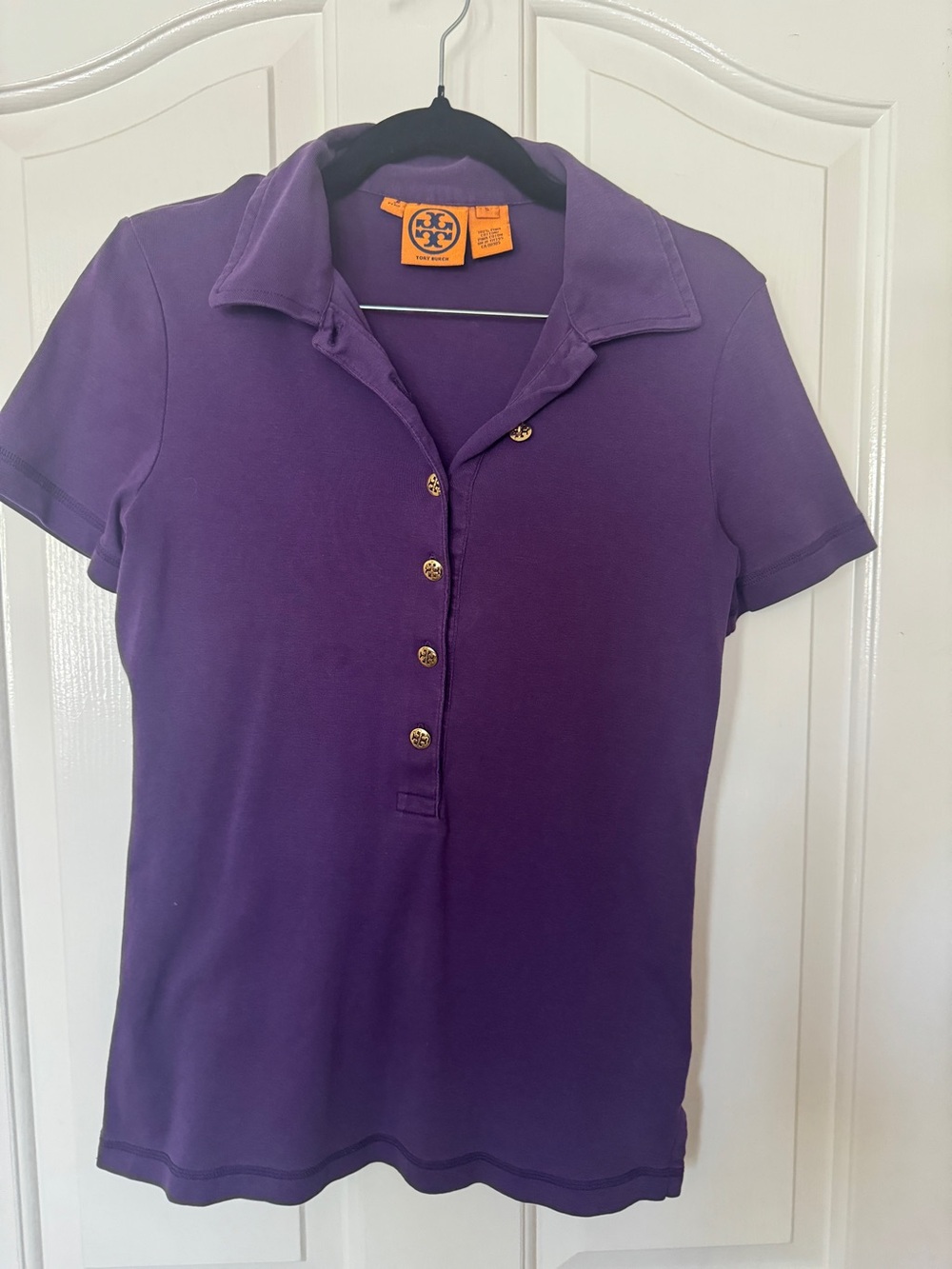 Tory Burch Plum Short-Sleeve Button Polo with Gold Buttons